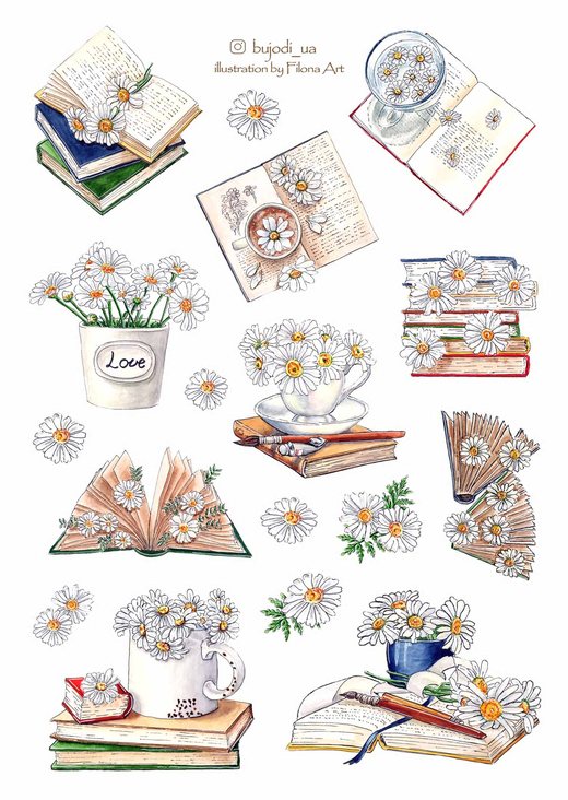 Стікерпак «Книги та ромашки»