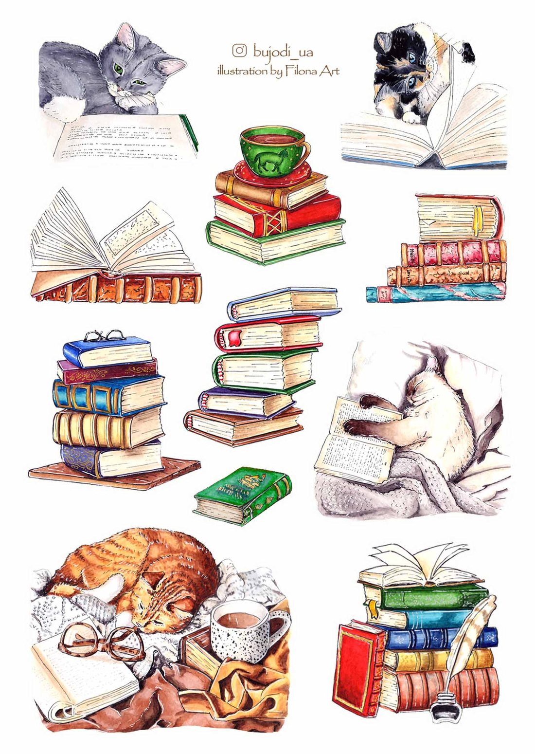 Стікерпак «Коти та книги»